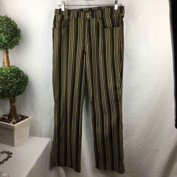 Arden B Green & Black Striped Velvet Soft Retro Flair Trouser Pants 8 - Picture 3 of 9